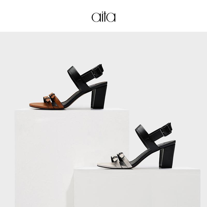 aita艾塔夏季新款方头撞色拼接细带中跟凉鞋粗跟露趾罗马鞋