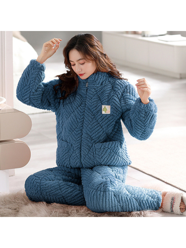 女士三层加厚珊瑚绒夹棉睡衣秋冬季法兰牛奶绒保暖棉袄家居服套装