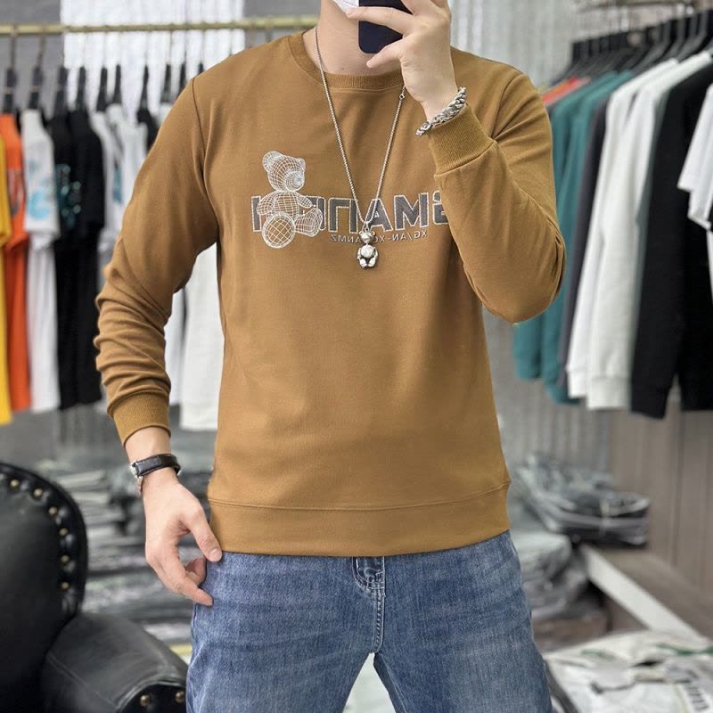 修身卫衣男士圆领套头长袖体恤打底衫T恤上衣服烫钻小熊秋冬时尚图片