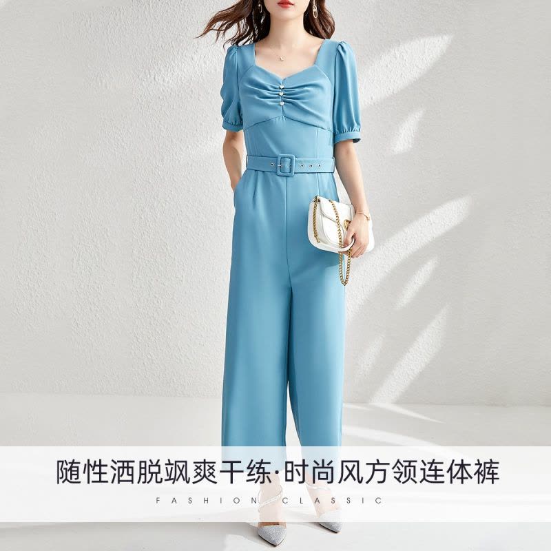 OUNIXUE欧昵雪 | [时尚方领连体裤]夏季温柔短袖配腰带宽松阔腿裤女连身裤子图片