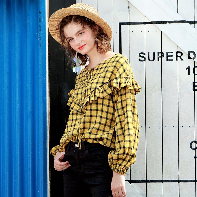 日韩时尚甜美荷叶边系带格纹灯笼袖小衫图片