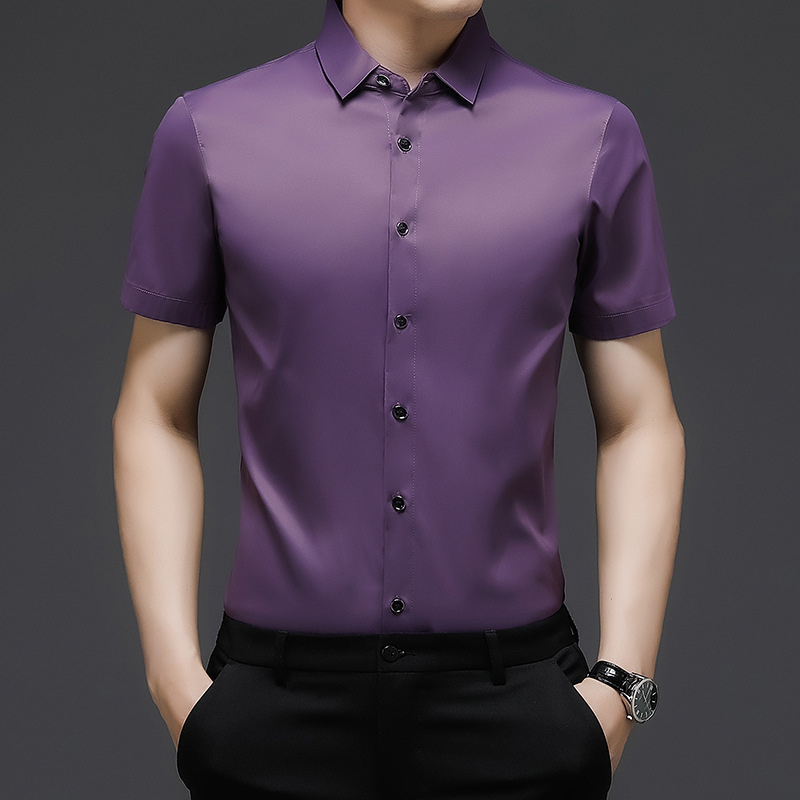 衬衣男夏季纯色修身商务休闲免烫短袖衬衫男装职业装定制logo