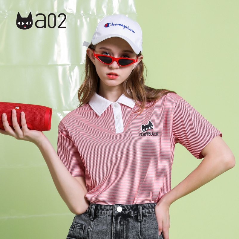 a02新款2020时尚Polo领条纹拼接港味宽松T恤女夏潮DTV2D1171KT
