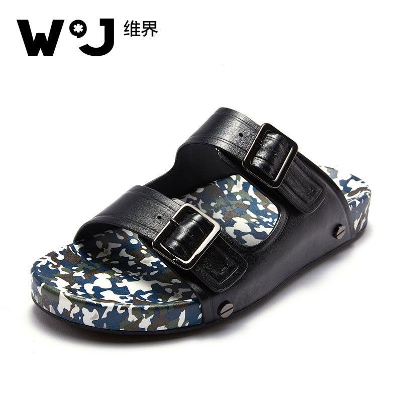 维界金属搭扣牛皮凉拖鞋 黑色 41图片