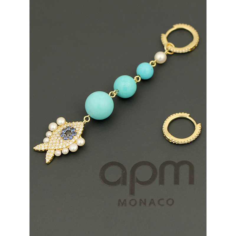 apm MONACO不对称金黄色幸运小鱼耳环925银耳饰时尚镶晶钻耳坠女士首饰AE11616TUMY