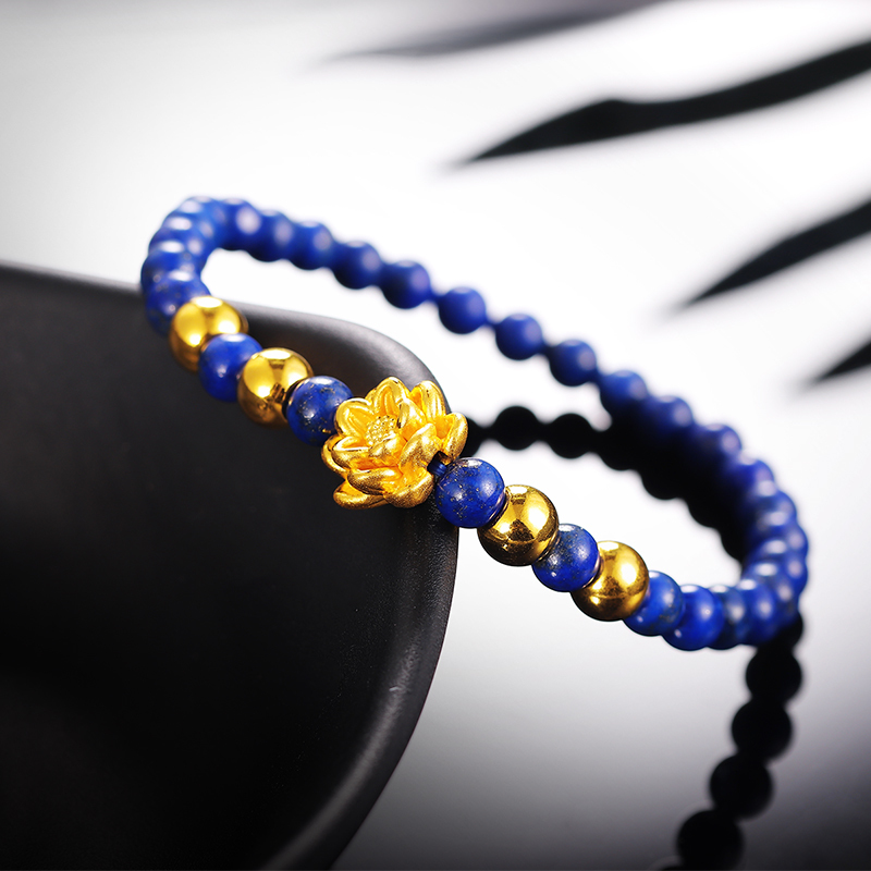 黄金码头 3d硬金999足金莲花金珠青金石手串黄金转运珠手链首饰