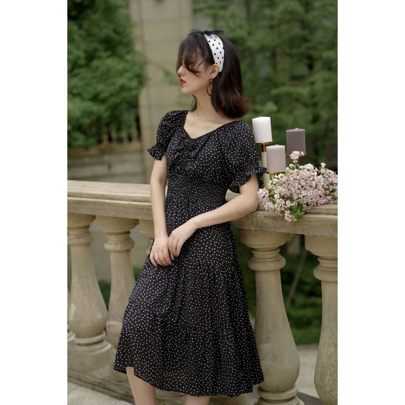 艾哲西 抽绳圆点连衣裙 EZ350201253