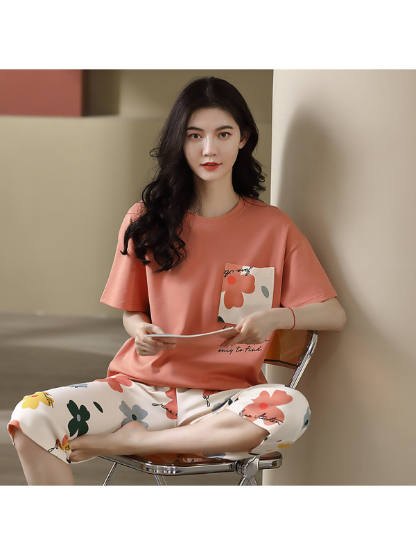 睡衣女士夏季棉质短袖七分裤韩版可爱宽松学生套装薄款青年家居服