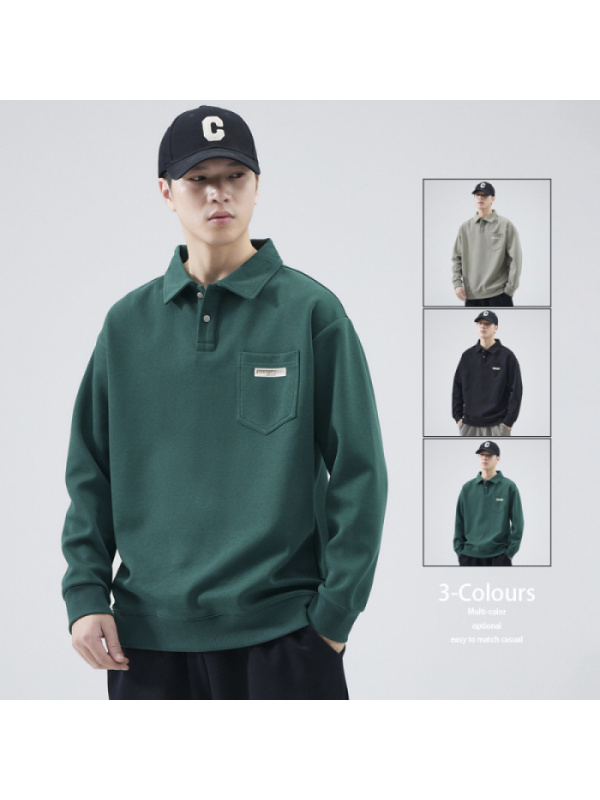 |男装春季新款Polo衫翻领卫衣外穿休闲口袋长袖上衣T恤