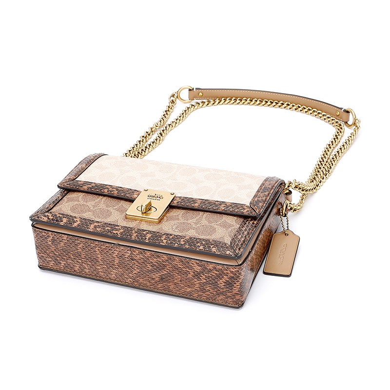 蔻驰coach奢侈品女士专柜款涂层帆布蛇皮手提单肩斜挎包小号卡其拼色