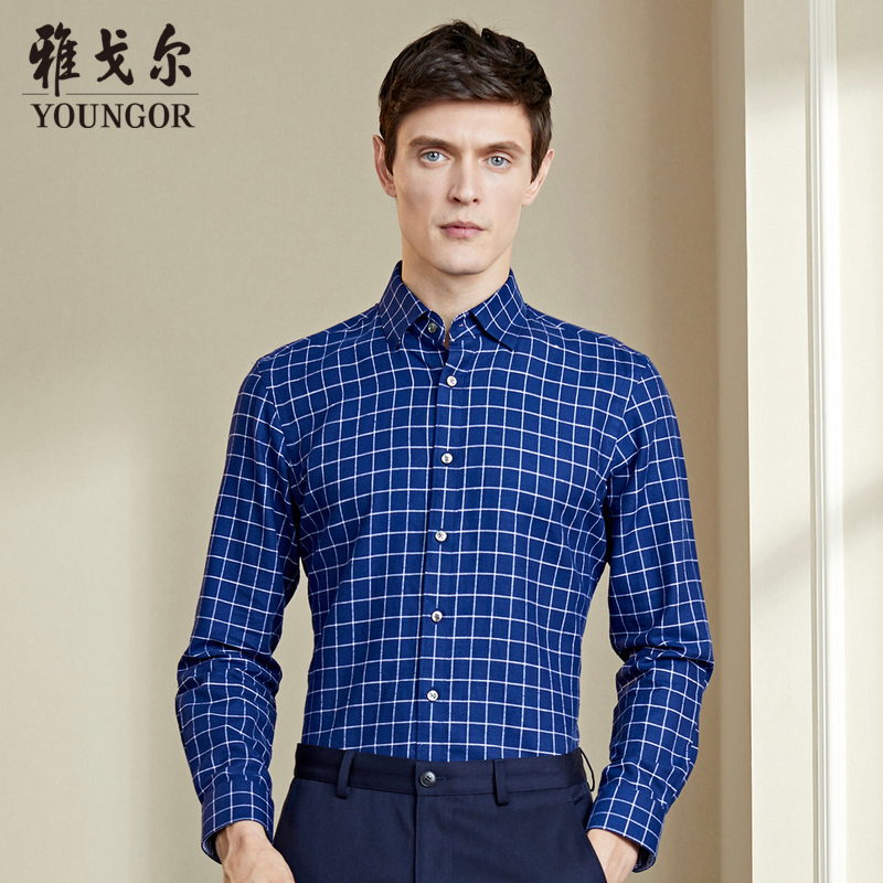 Youngor/雅戈尔2019秋新品男士商务休闲藏青格纹长袖衬衫064FBA 41件