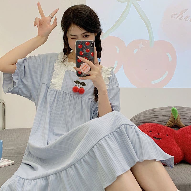 睡裙夏季女棉质短袖可爱卡通网红睡衣女夏天宽松女士春夏款家居服图片