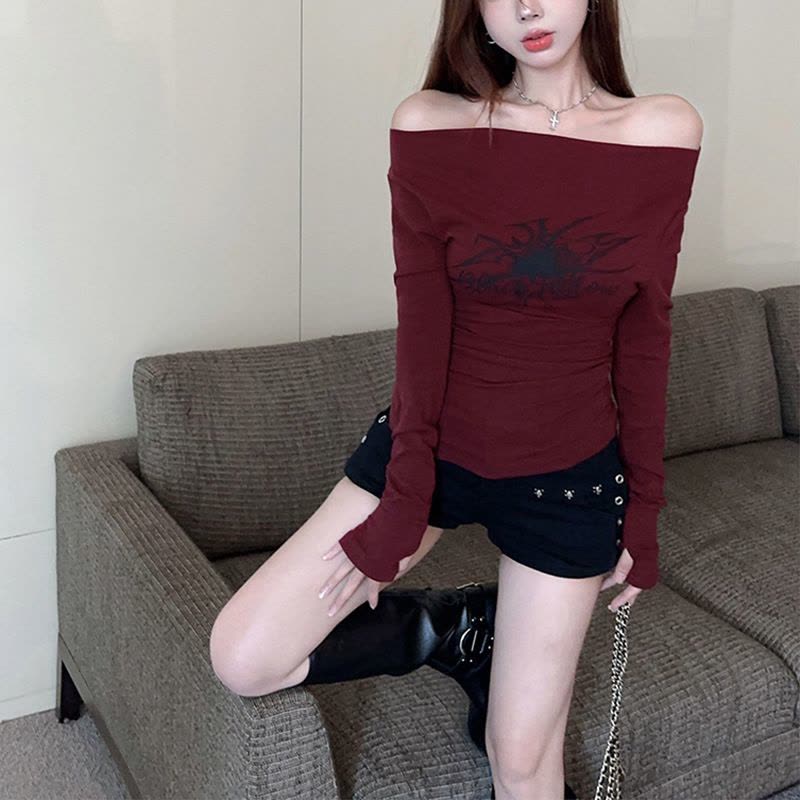 纯欲辣妹性感斜肩上衣女网红INS美式红色长袖T恤一字肩打底衫内搭图片