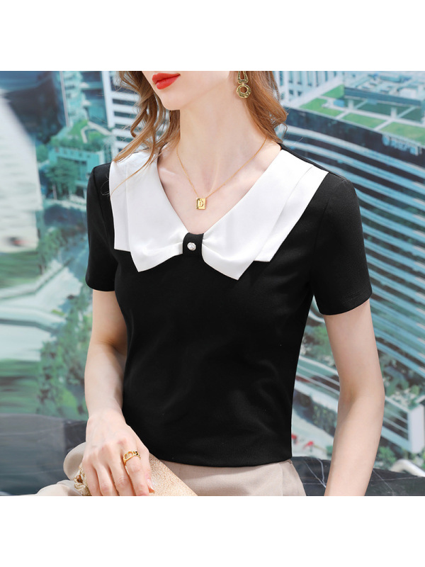 Ceba短袖T恤女夏2022新款女装时髦撞色弹力棉体恤减龄娃娃领收腰上衣