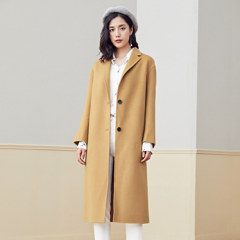 高梵(GOLDFARM)时尚休闲韩版保暖长款双面呢大衣100%羊毛呢子女式大衣
