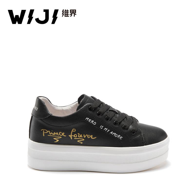 WIJI女鞋子春秋韩版新款潮流厚底真皮时尚单鞋系带深口休闲板鞋潮图片