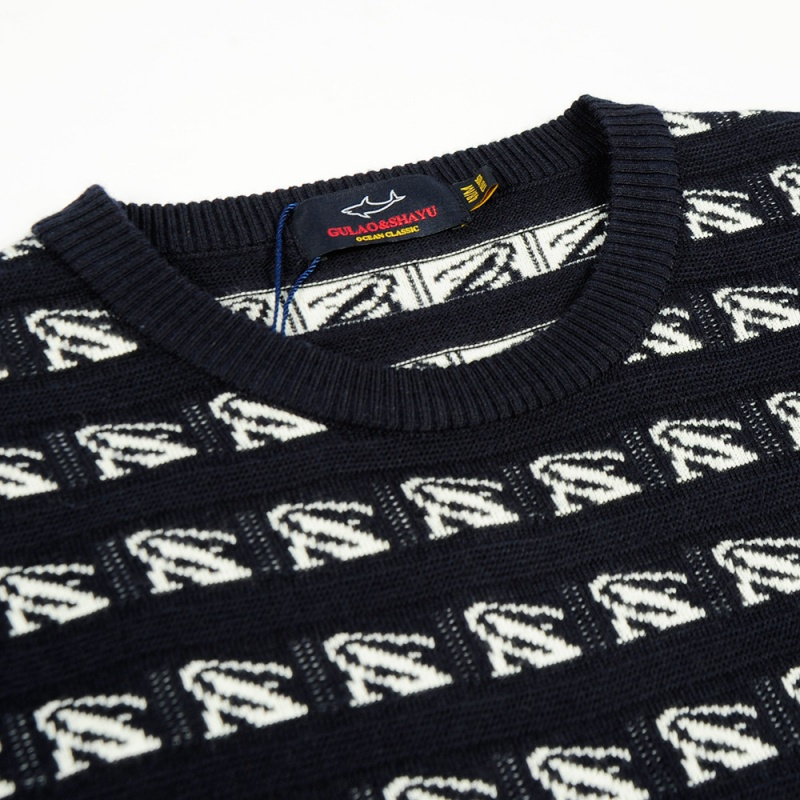 古老鲨鱼秋冬羊毛衫男士圆领几何图案时尚提花条纹针织衫