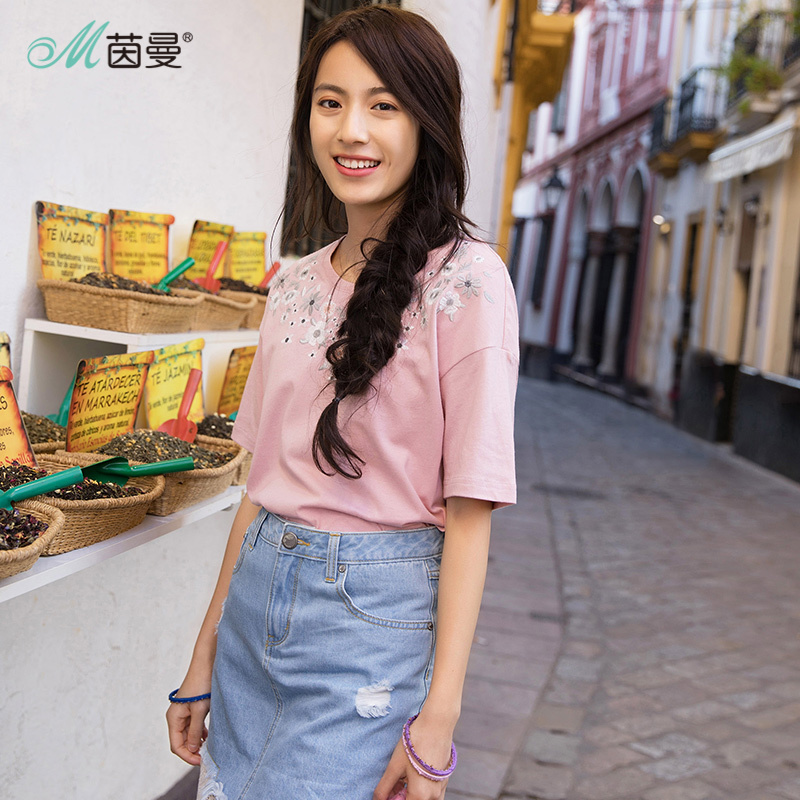 茵曼夏装粉红色减龄文艺圆领纯棉植物绣花短袖t恤女上衣_1