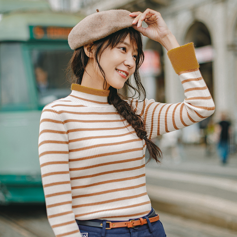 茵曼2018秋装新款半高领横条纹套头毛衣女修身针织打底衫秋冬内搭