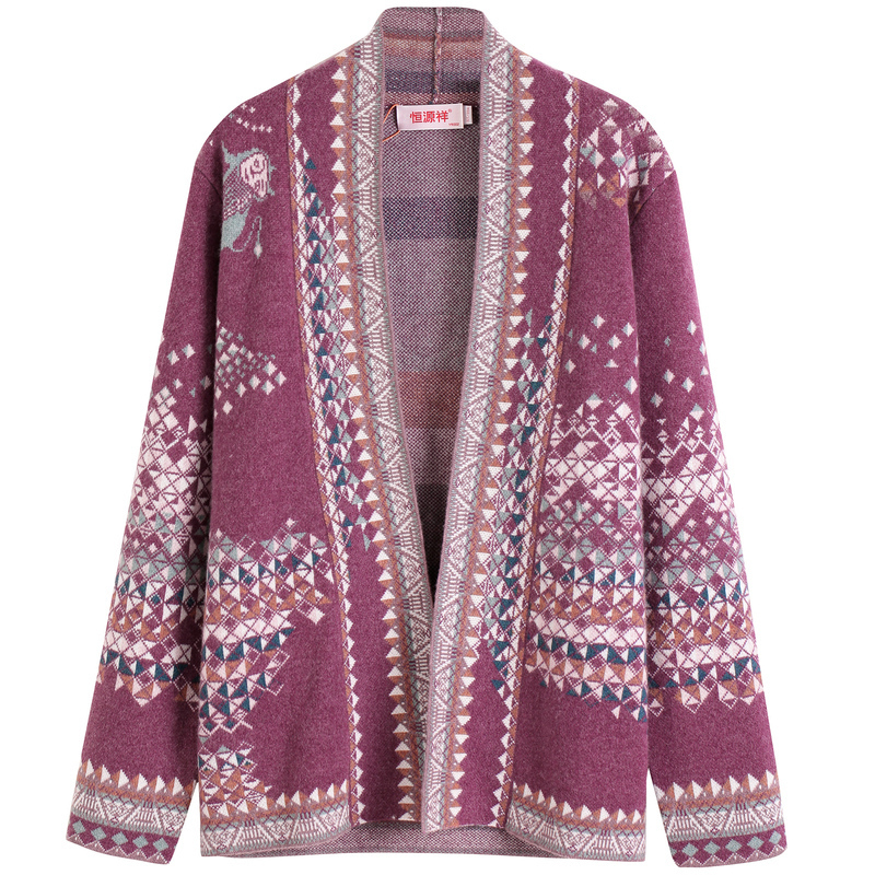 恒源祥几何提花纯羊绒衫女秋冬厚毛衣外套北欧风波普图案针织开衫