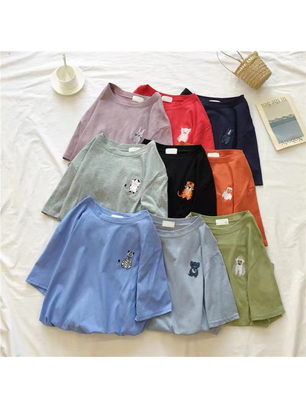 韩国新款动物刺绣圆领衣服女夏宽松学生短袖T恤女休闲上衣