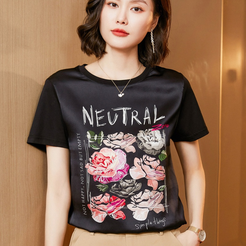 CeenBulled丝绸醋酸2022春夏季女装新款印花桑蚕丝韩版宽松上衣短袖T恤