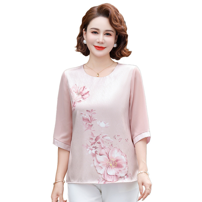 妈妈夏季薄款洋气上衣服新款中老年女夏雪纺小衫时尚减龄t恤