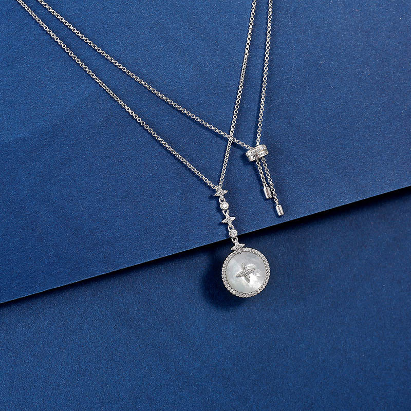 apmmonaco银镶晶钻星星母贝项链女锁骨链毛衣链情侣吊坠饰品颈链