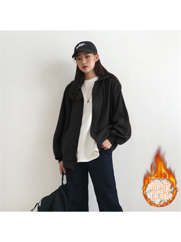 加绒卫衣连帽女秋冬季新款拉链开衫外套韩版宽松上衣