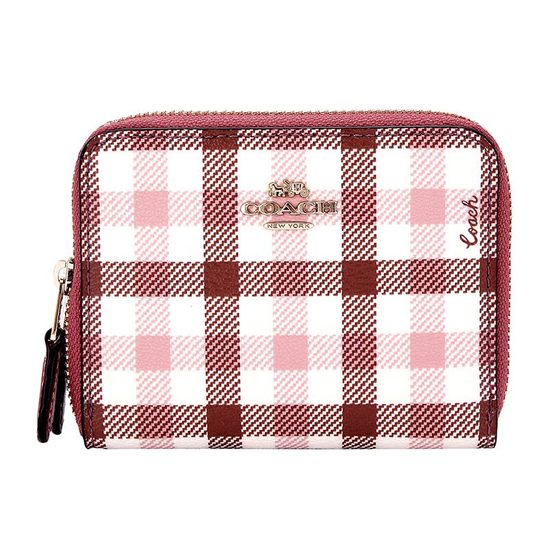 COACH 蔻驰 奢侈品 女士粉色格子拼色人造革短款钱包钱夹 F76753 IMP5P