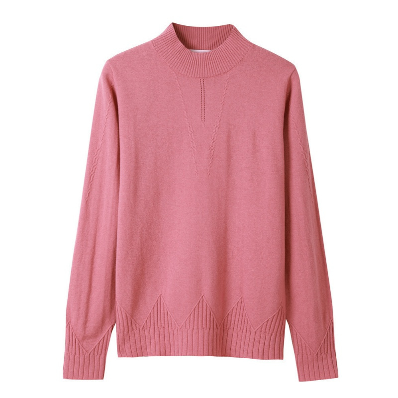 恒源祥粉色毛衣女2020春秋女士套头半高领羊毛衫绞花长袖毛针织衫