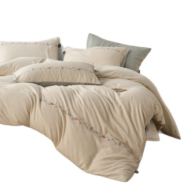 复古天丝棉麻刺绣床上四件套亚麻全棉纯棉被罩轻奢高级感床单床笠