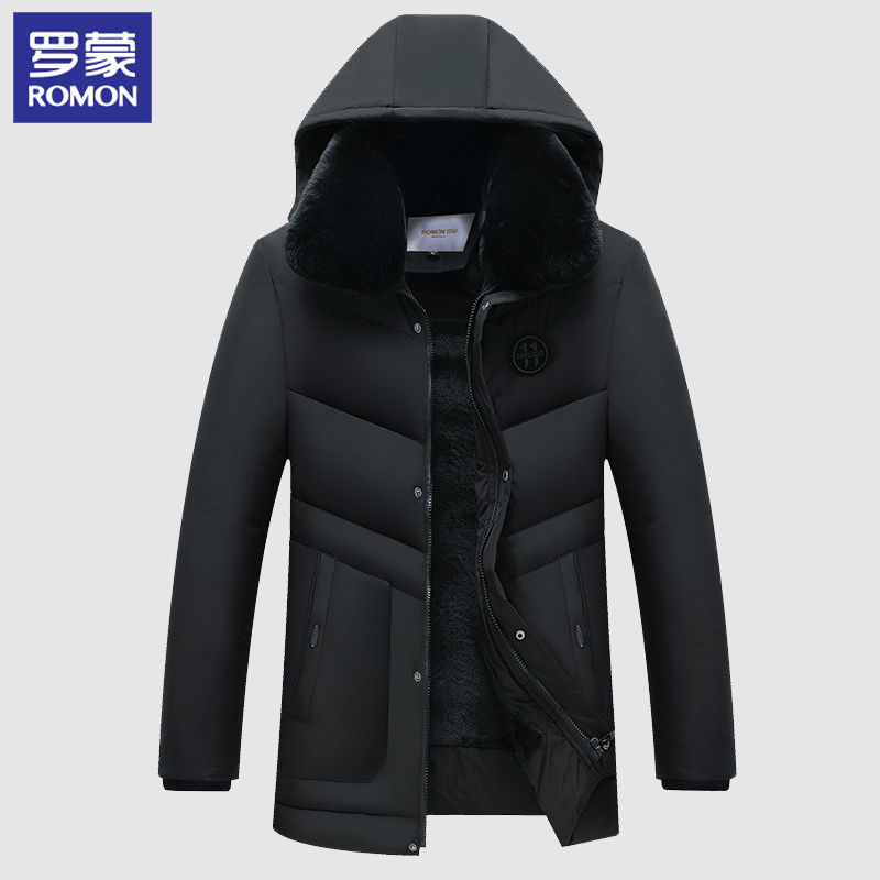 罗蒙(ROMON)冬季商务时尚男士中长款加绒大毛领棉服防风保暖