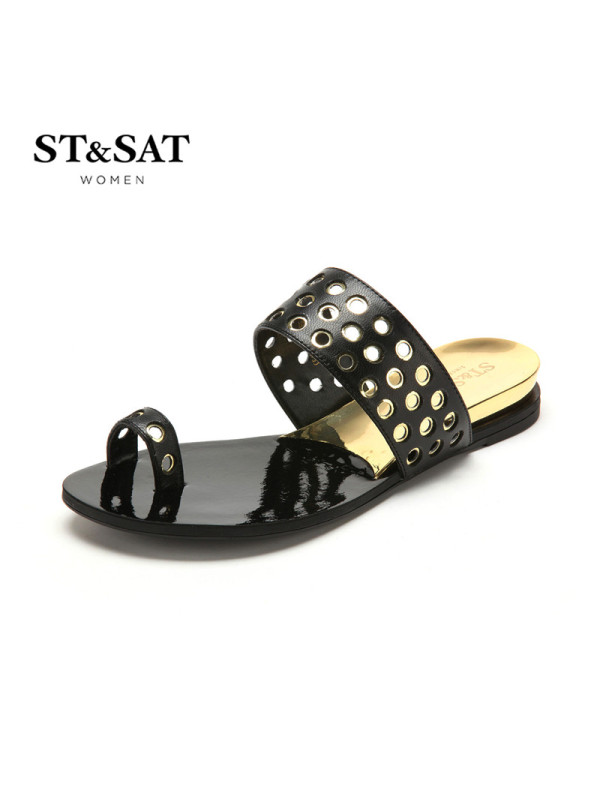 星期六ST&SAT羊皮方头低跟套脚金属凉鞋女SS52118739