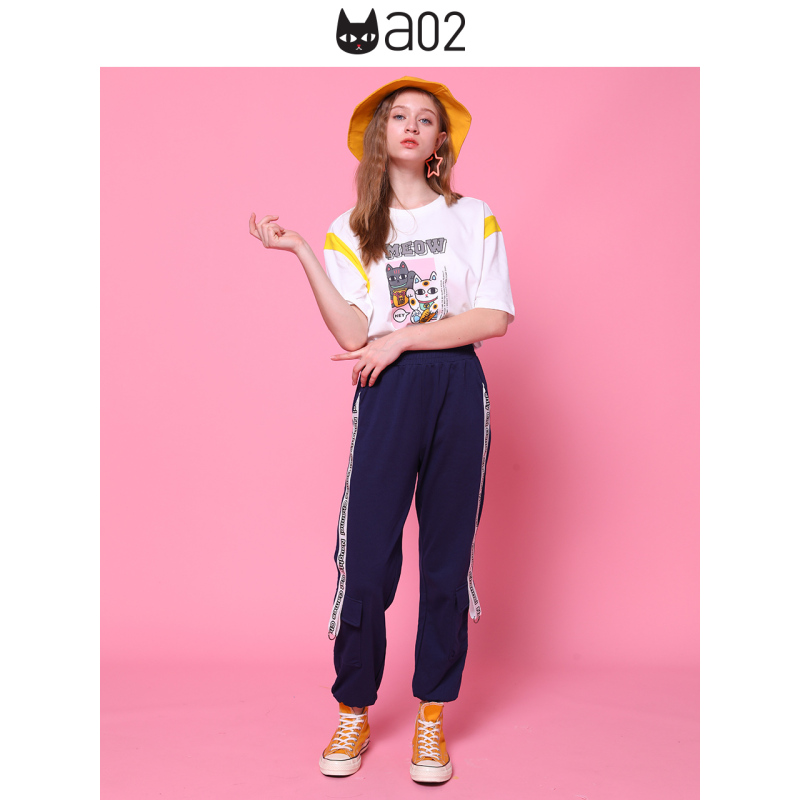 a02新款2020玩趣猫卡通印花撞色拼接短袖圆领T恤女DTV2C0091KT