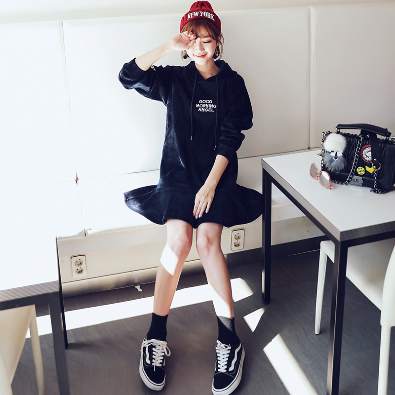 韩都衣舍2018新款女装秋装韩版潮卫衣裙显瘦荷叶边连衣裙莀