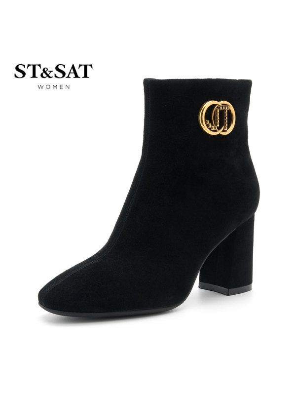 星期六(ST&SAT)冬季专柜同款金属装饰高跟粗跟时尚短靴女SS84116069