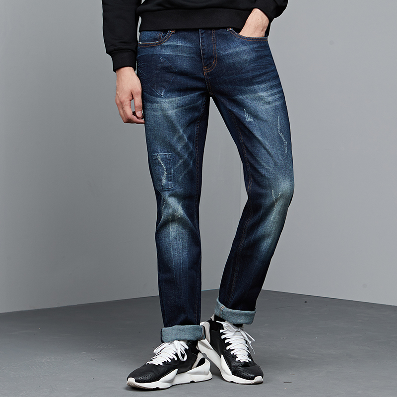 七匹狼男装牛仔裤2017秋季青年时尚破洞长裤子潮