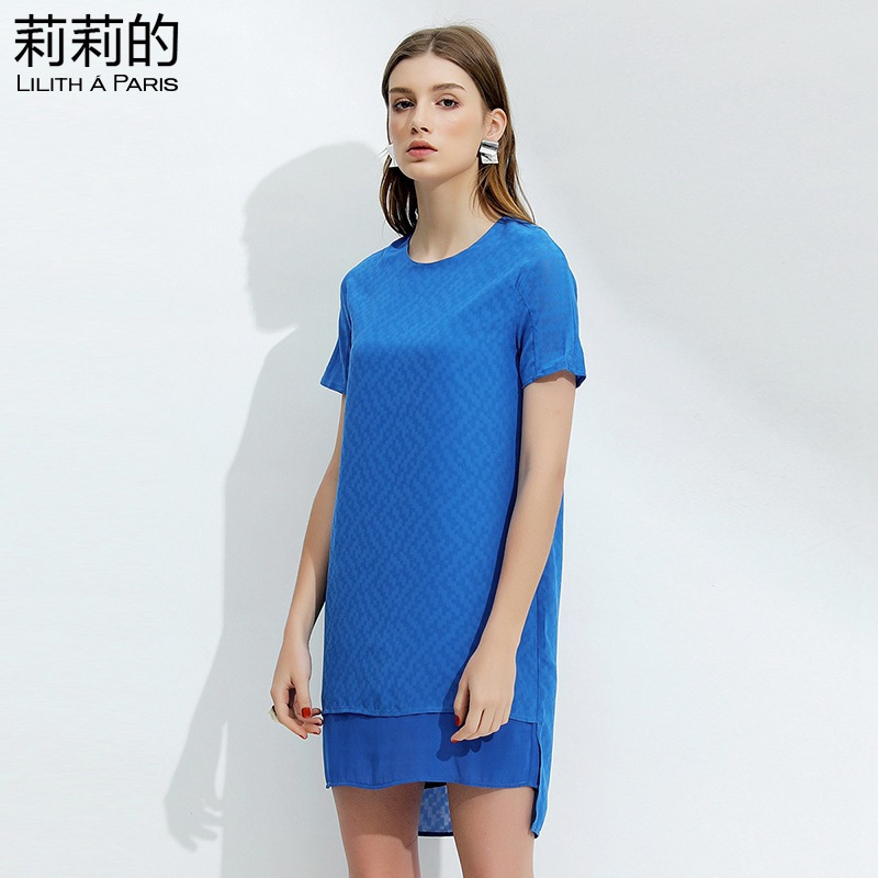 莉莉的 品牌女装连衣裙2018夏季新款圆领宽松拼接前短后长H型连衣裙中长