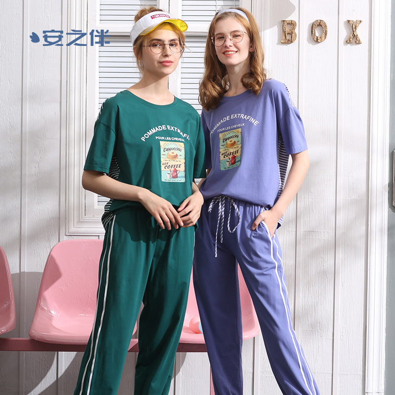 纯棉弹力针织素色插色织条短袖女套装