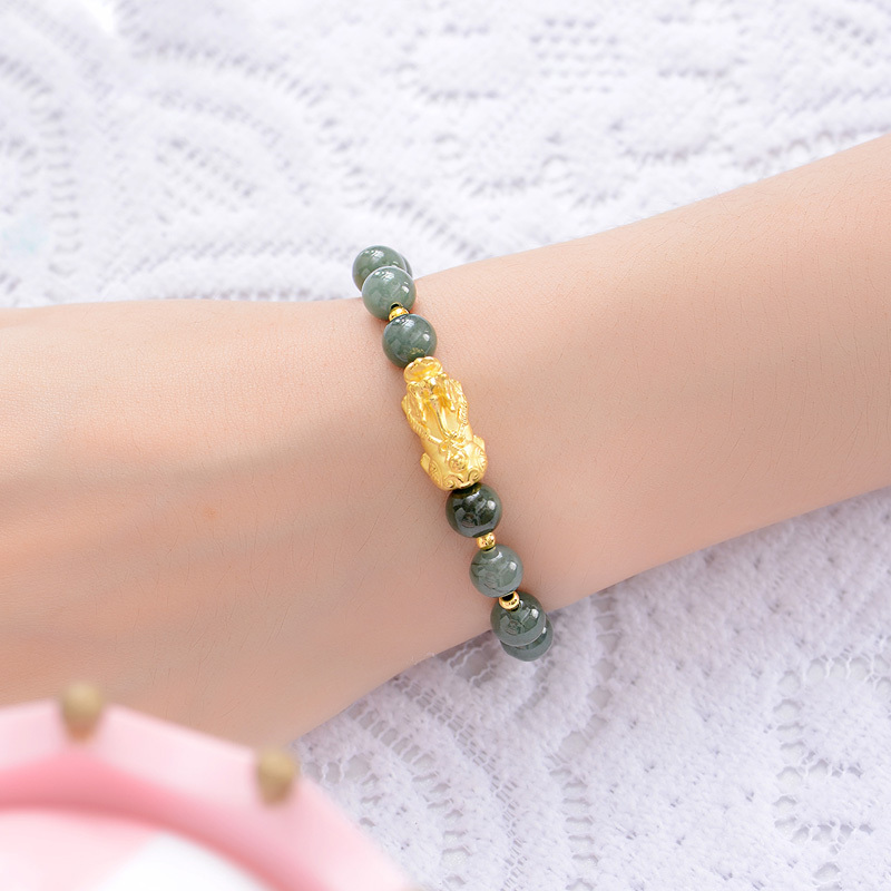 蒂蔻貔貅翡翠黄金手链女士款足金吉祥绿玉手串3d硬金手饰品生日礼物