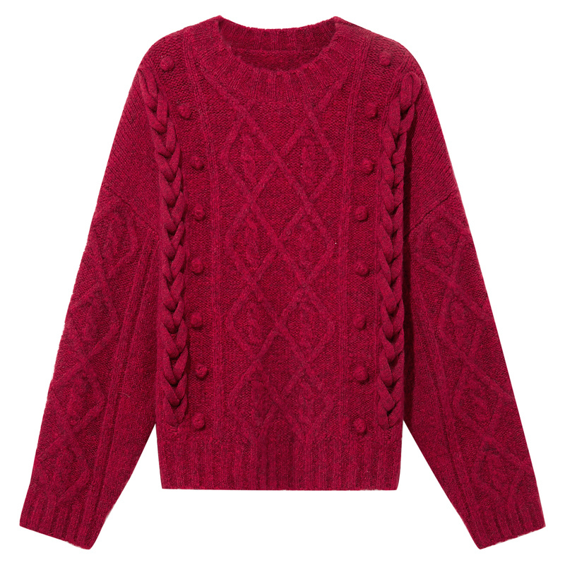 三彩2020冬季新款手工编织麻花宽松落肩红色套头毛衣女