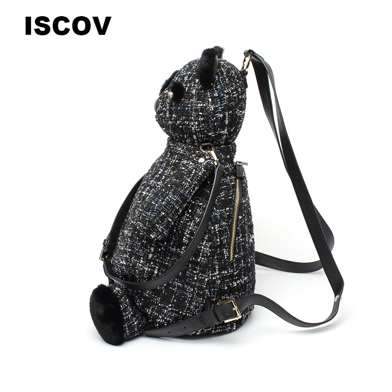ISCOV立体狗熊造型双肩包春夏明星同款花呢背包