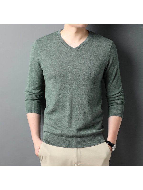 男装秋冬季310g男士羊毛衫鸡心V领套头纯色打底毛衣男