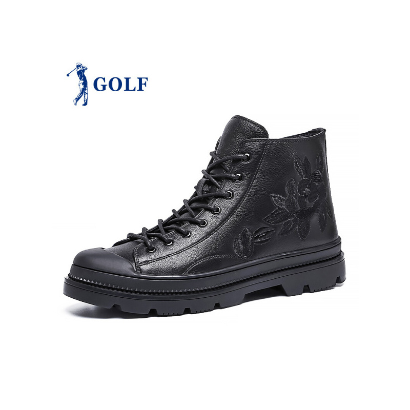 GOLF/高尔夫英伦百搭绣花时尚靴真皮靴子男黑色