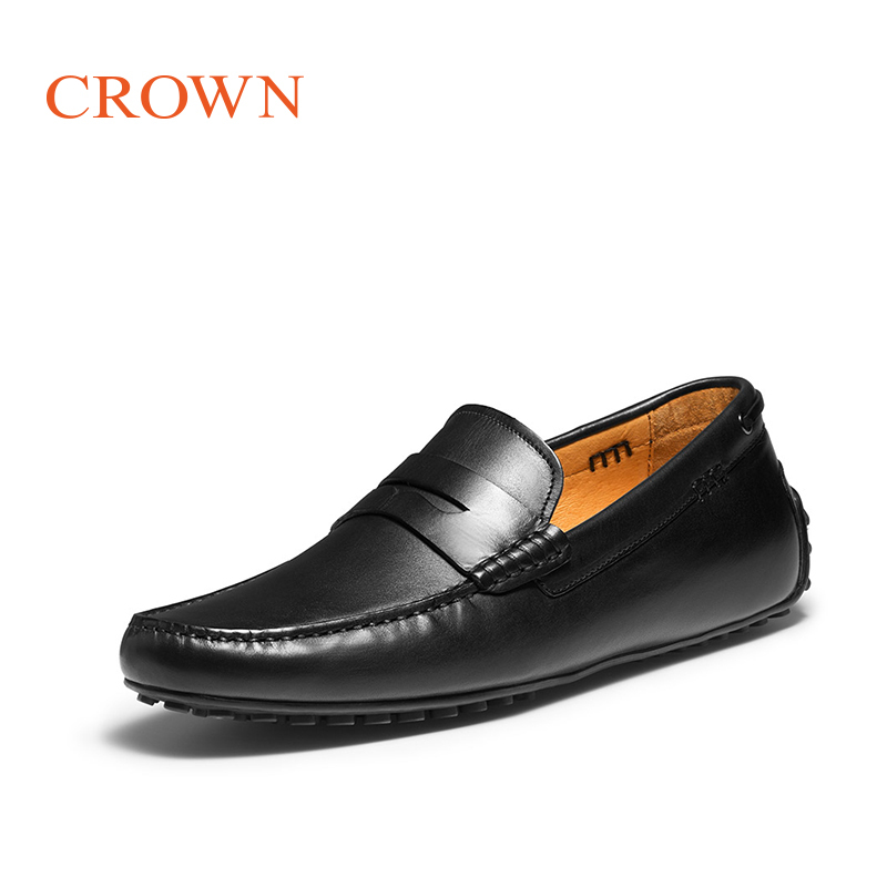 CROWN时尚皮鞋子头层牛皮韩版百搭休闲皮鞋一脚蹬懒人潮鞋真皮乐福鞋豆豆鞋男士休闲鞋男鞋