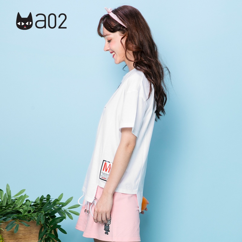 a02新款潮流个性不规则剪裁短袖女飘带印花T恤女DTU2D0731KT