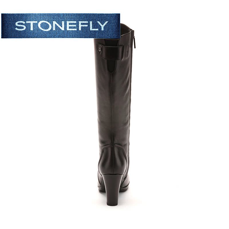 斯通富来STONEFLY冬季专柜靴牛皮高粗跟黑色瘦腿女直筒靴图片