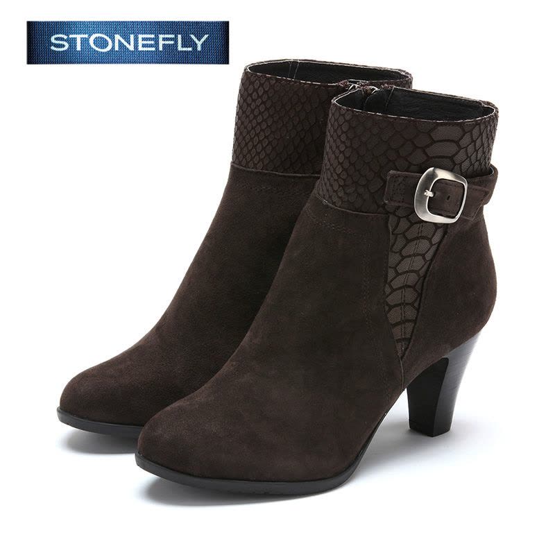 斯通富来STONEFLY冬季绒面羊皮革黑色短靴女中低跟SD44117049图片