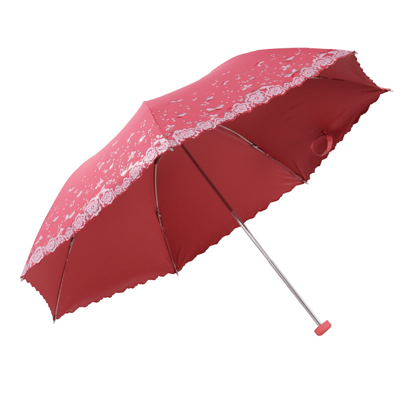 天堂伞梦幻花蕾亚光绒色胶三折超轻绣花晴雨伞 L33204E西瓜红